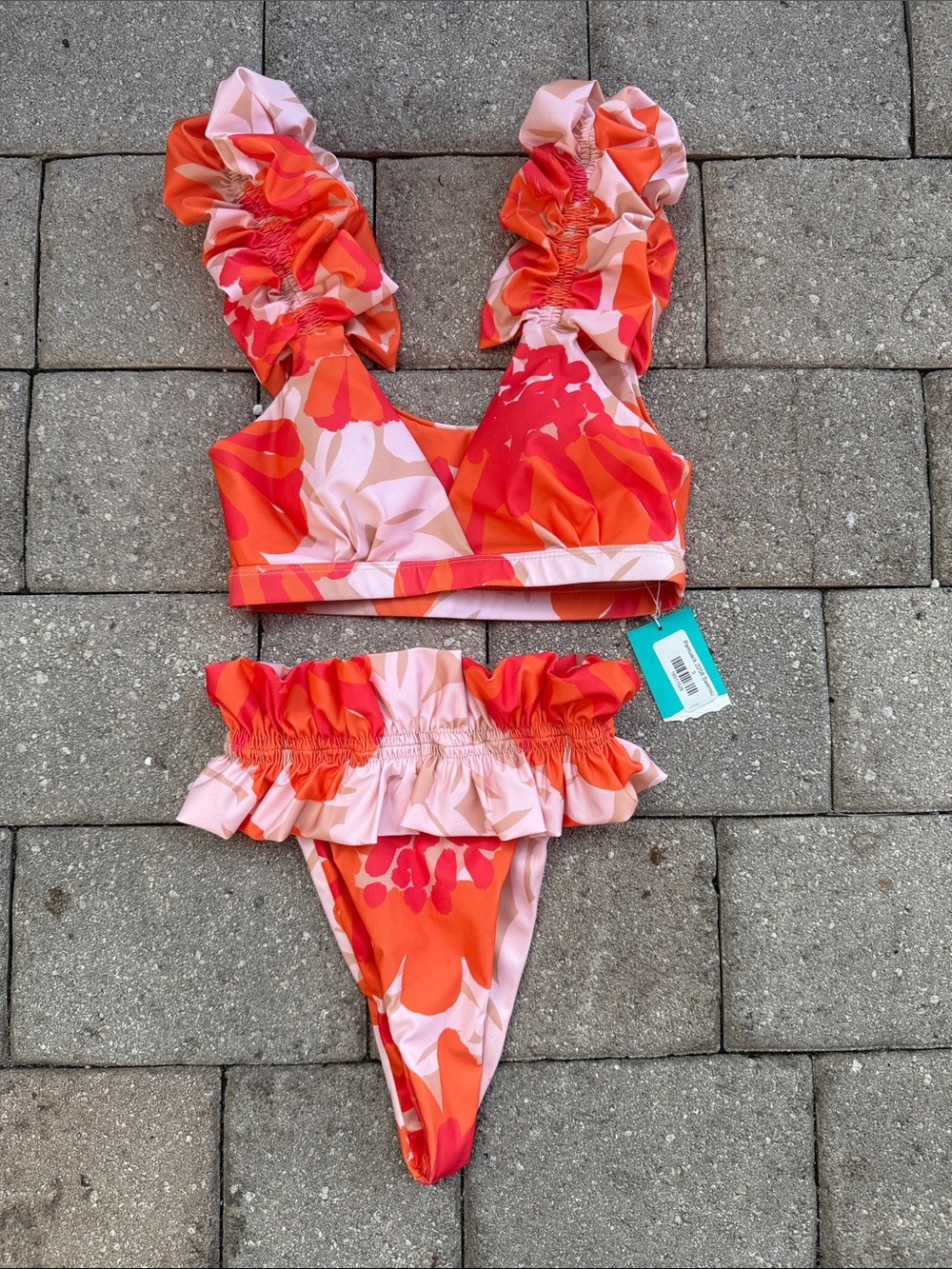 Ruffled Two-Piece Swim Bikini in Pink & Orange Floral